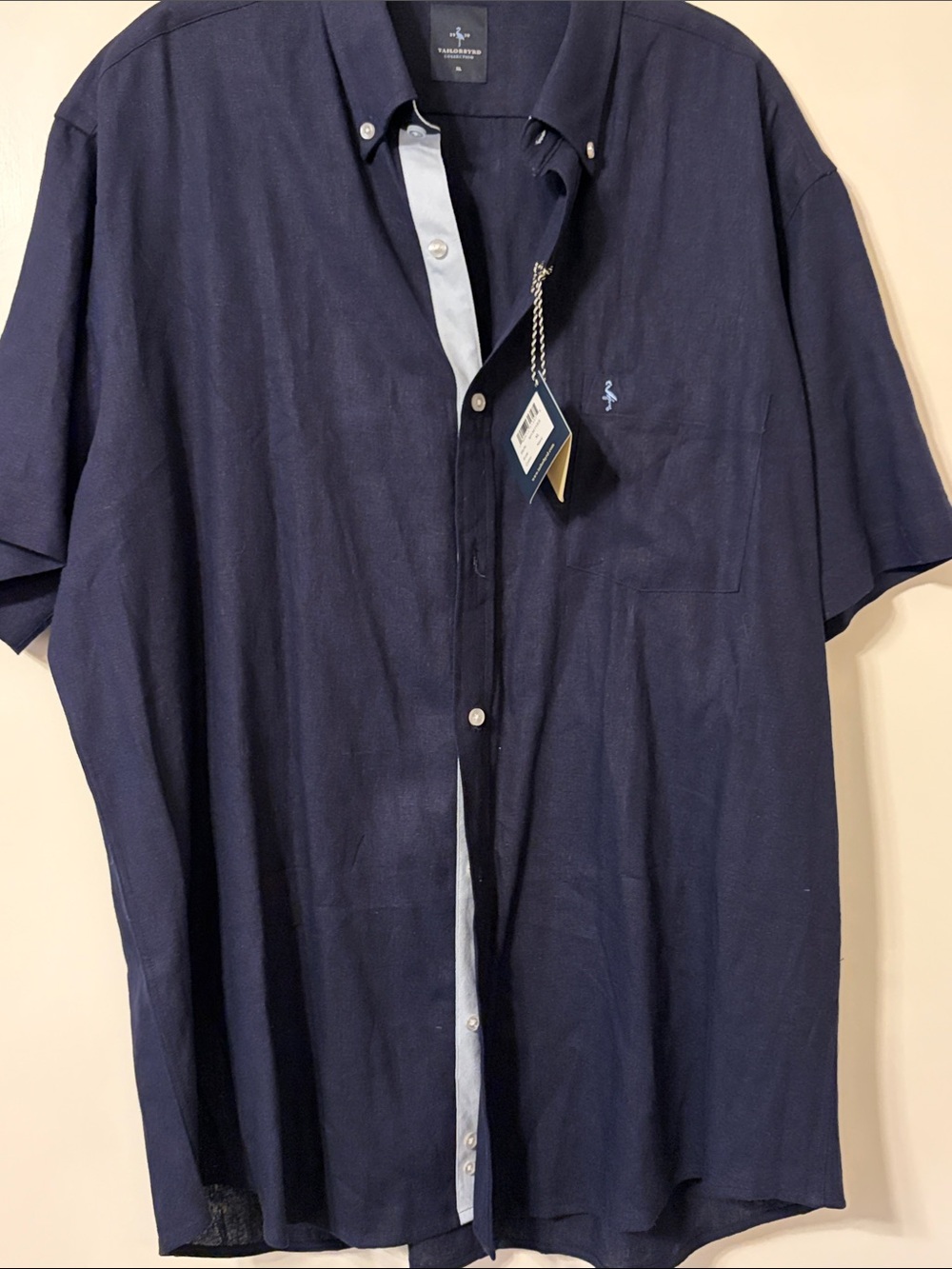 Tailorbyrd Navy Short-Sleeve Button-Down with Light Contrast Placket